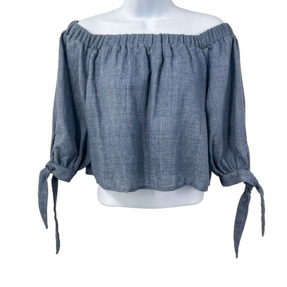 Lulu's Tender Moments Chambray Off the Shoulder Tie Sleeve Cropped Blouse Top - Picture 4 of 10